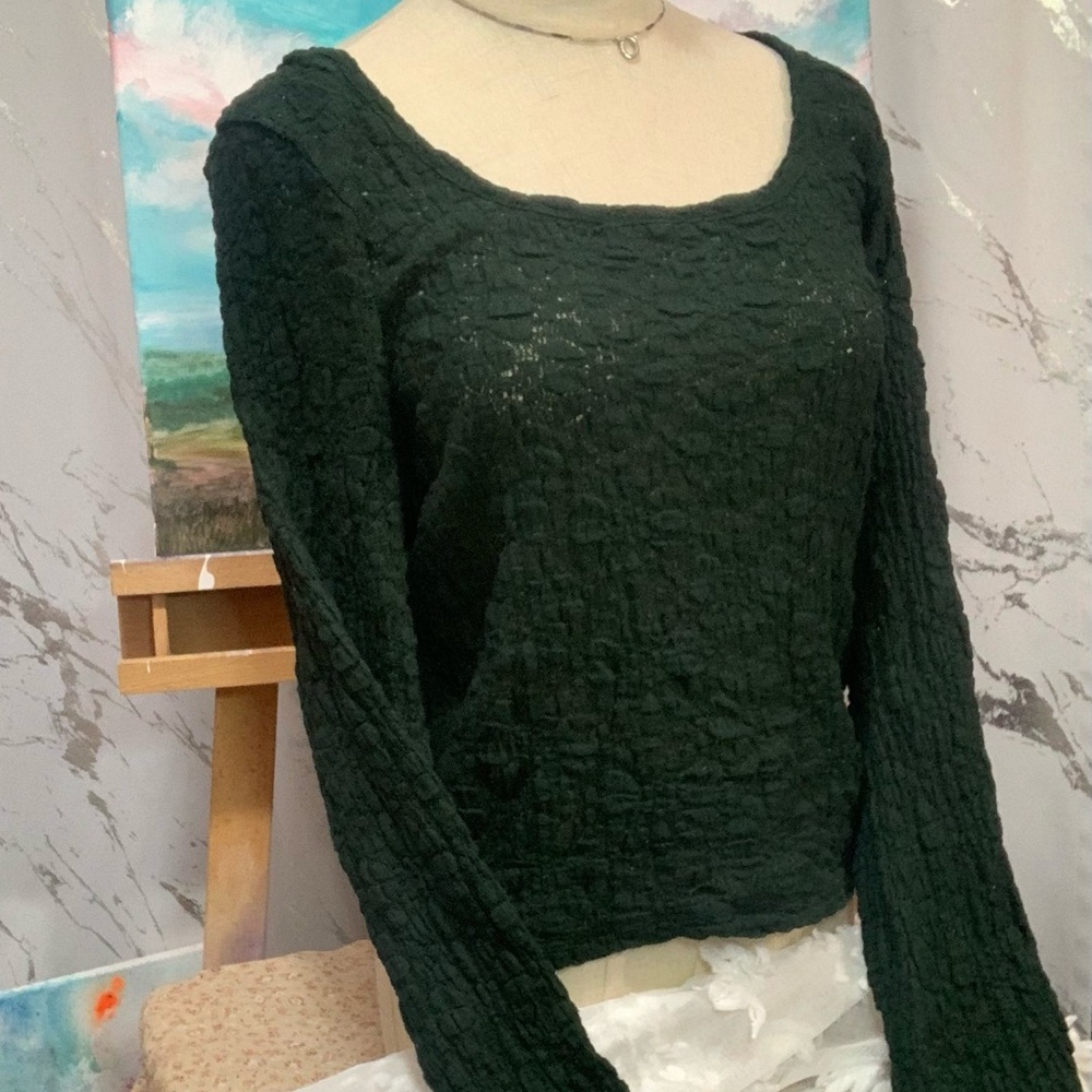 Old Navy Dark Green Textured Scoop-Neck Long Sleeve Top